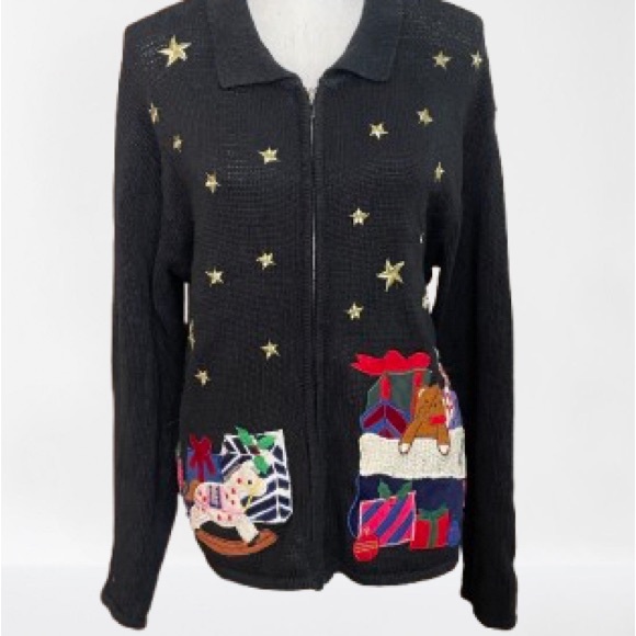 Christmas sweater, black with appliqués on front and large Santa on back - Picture 2 of 4